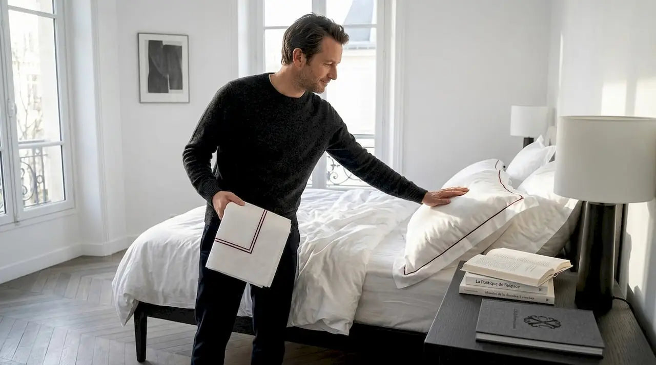 Un homme examine et compare différentes parures de lit haut de gamme dans sa chambre, cherchant à choisir celle qui apportera le plus de confort et d’élégance à son espace.