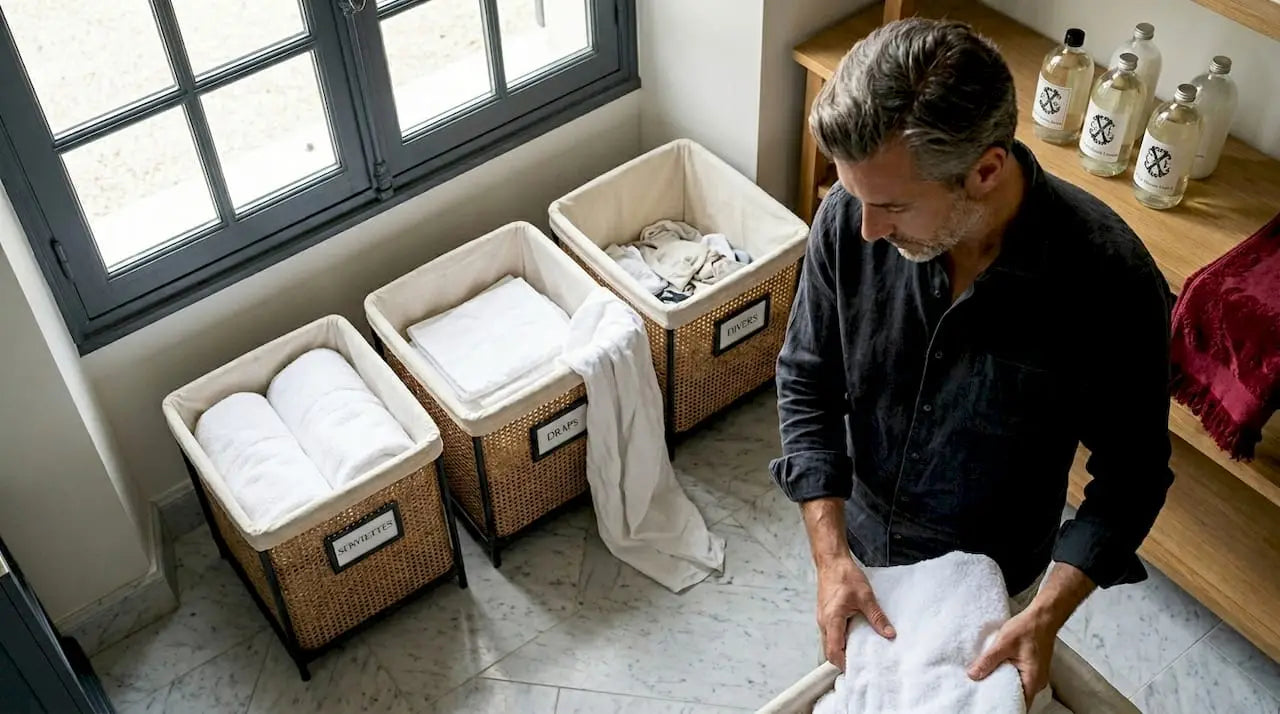 Un homme trie du linge en le répartissant dans trois paniers.