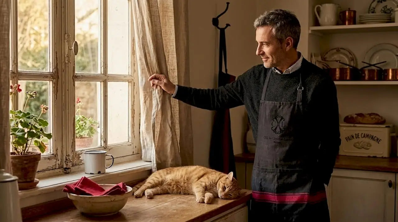 Un homme remet en place le rideau en lin dans la cuisine familiale.