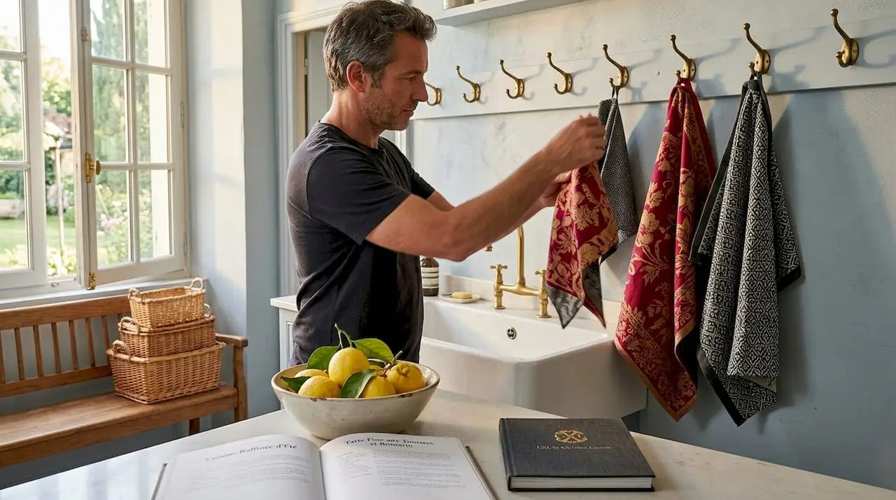 Un homme suspend un torchon à un crochet dans la cuisine.