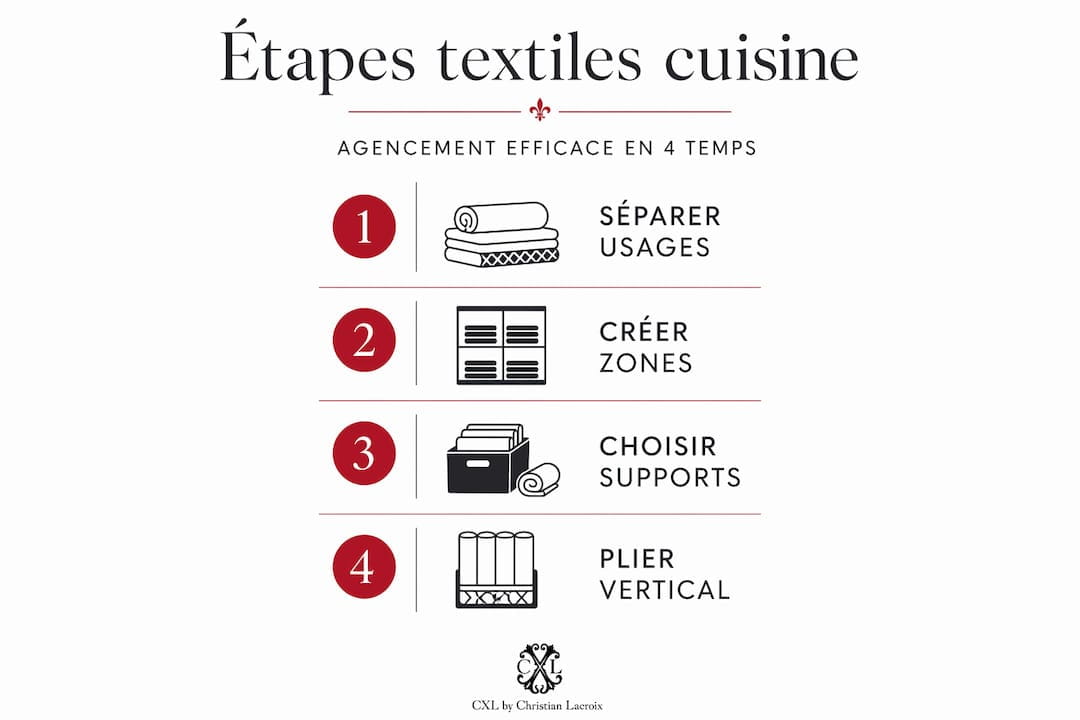 Infographie : les différentes étapes pour organiser les textiles dans la cuisine