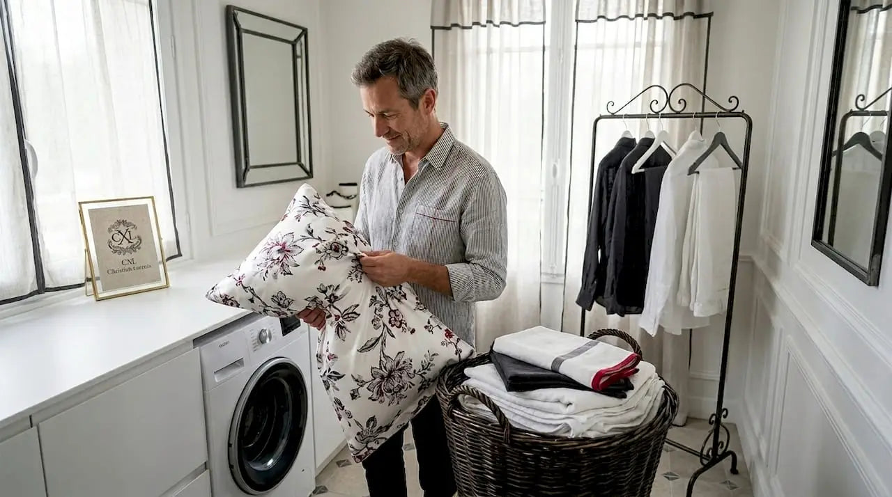 Un homme examine attentivement une taie d’oreiller haut de gamme au poste de blanchisserie.