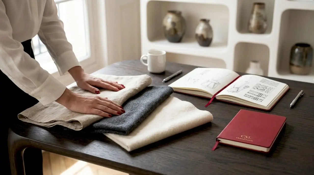 Des mains effleurent des étoffes raffinées, apportant une touche de discrétion à l’intérieur.