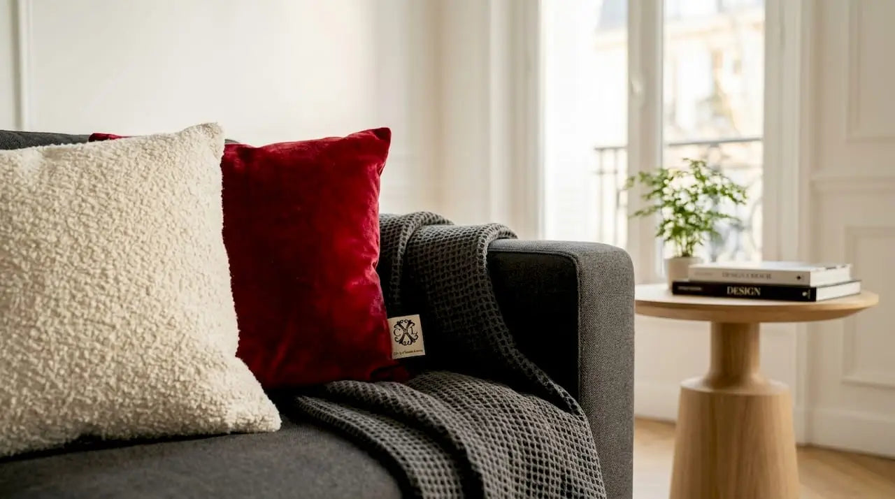 Zoom sur les différentes matières textiles superposées qui habillent le canapé
