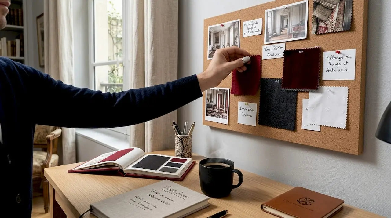 Des mains disposant soigneusement des échantillons sur un moodboard