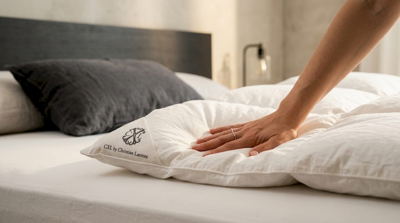 Une main caresse la douceur d’un édredon en duvet naturel.