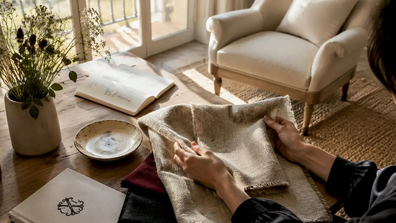 Une main caresse un tissu d’exception, symbole de raffinement pour votre intérieur.