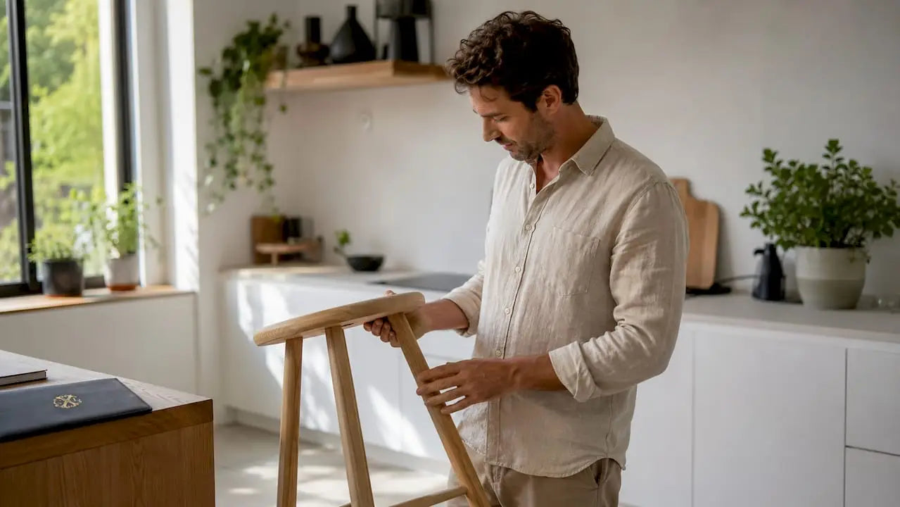 Un homme examine attentivement une chaise dans la salle à manger moderne de son appartement.