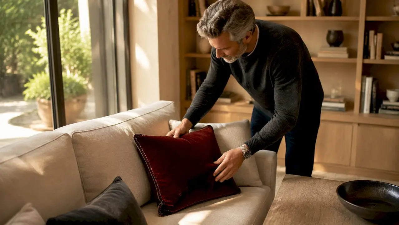 Une main dépose délicatement un coussin en lin sur un fauteuil en velours.