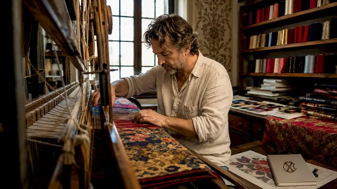 Un artisan en pleine création, élaborant un tissu jacquard CXL sur son métier à tisser traditionnel.