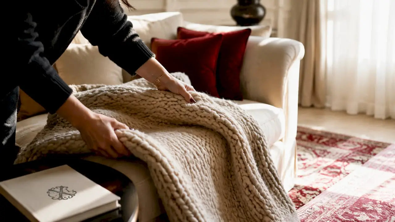 Une main déroule un tapis moelleux pour en apprécier tout le confort.