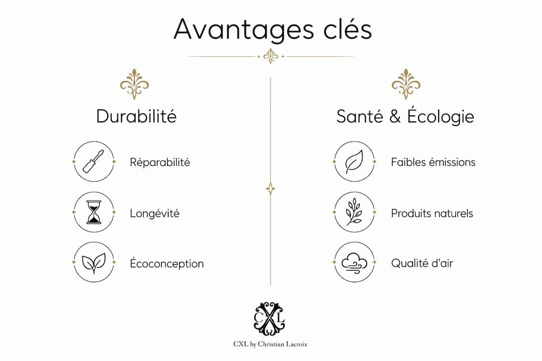 Découvrez en un coup d’œil tous les atouts : durabilité, bienfaits pour la santé et qualité des finitions artisanales.