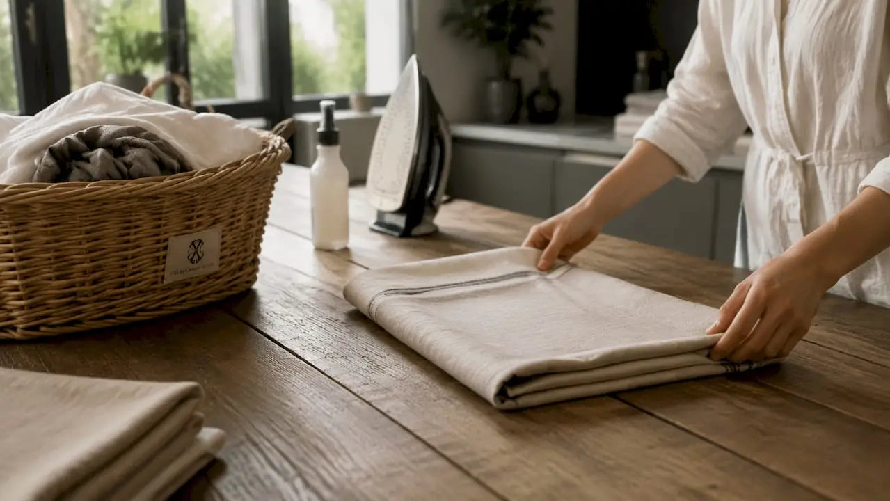 Des mains s'apprêtent à plier une serviette fraîchement repassée.