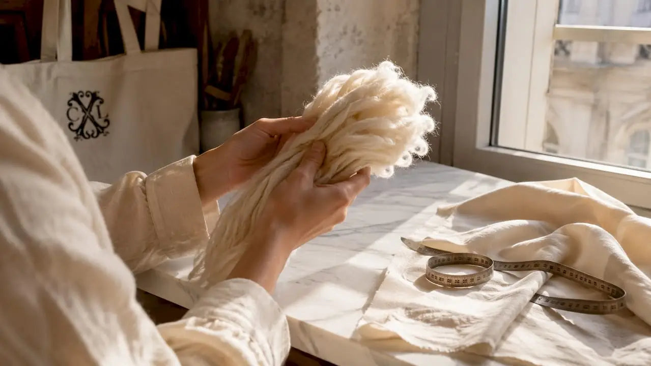Zoom sur des mains qui manipulent des fibres de coton posées sur une table.