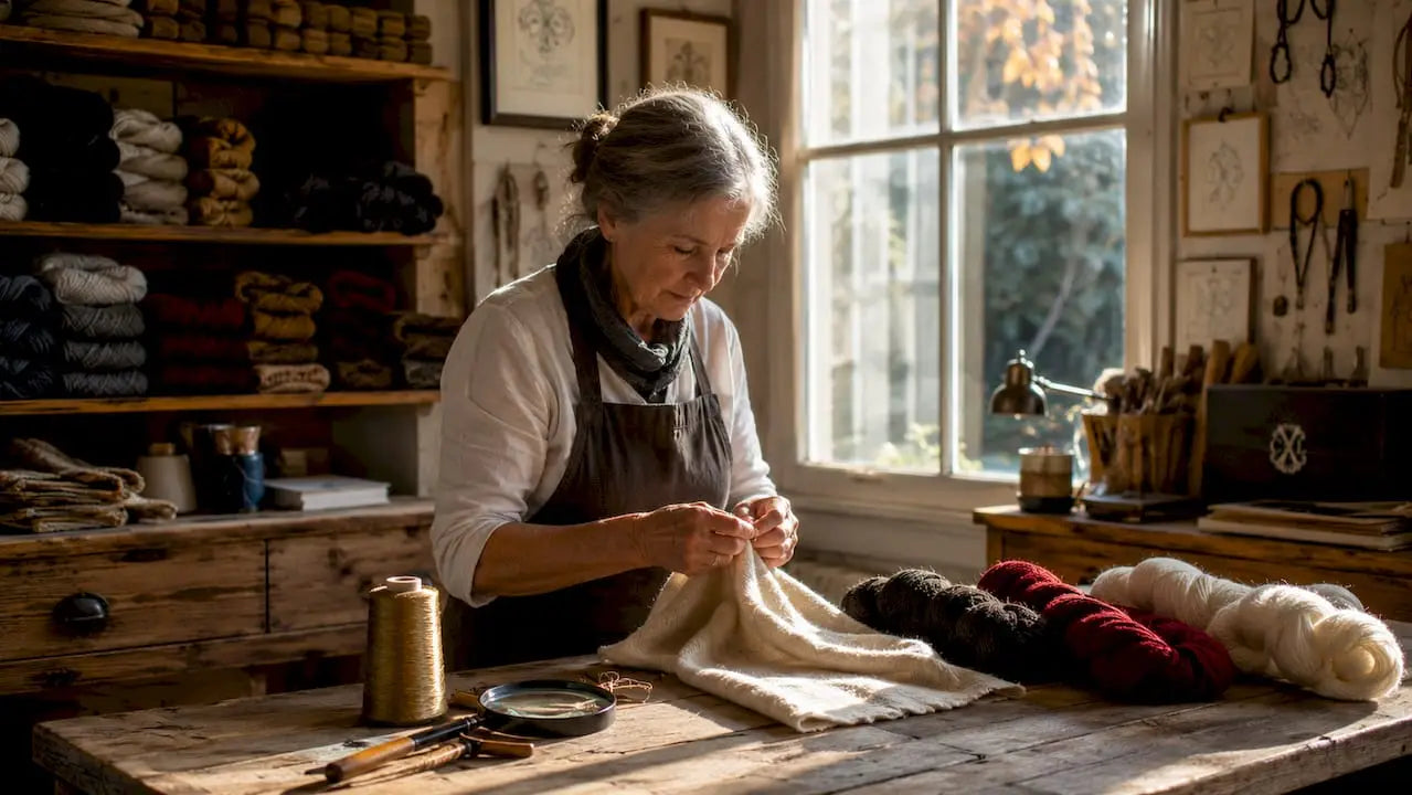 Des mains d’artisan façonnent minutieusement un tissu de laine.