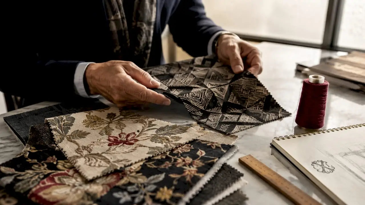 Zoom sur des mains qui sélectionnent des échantillons de tissus, attentives aux motifs et aux textures.