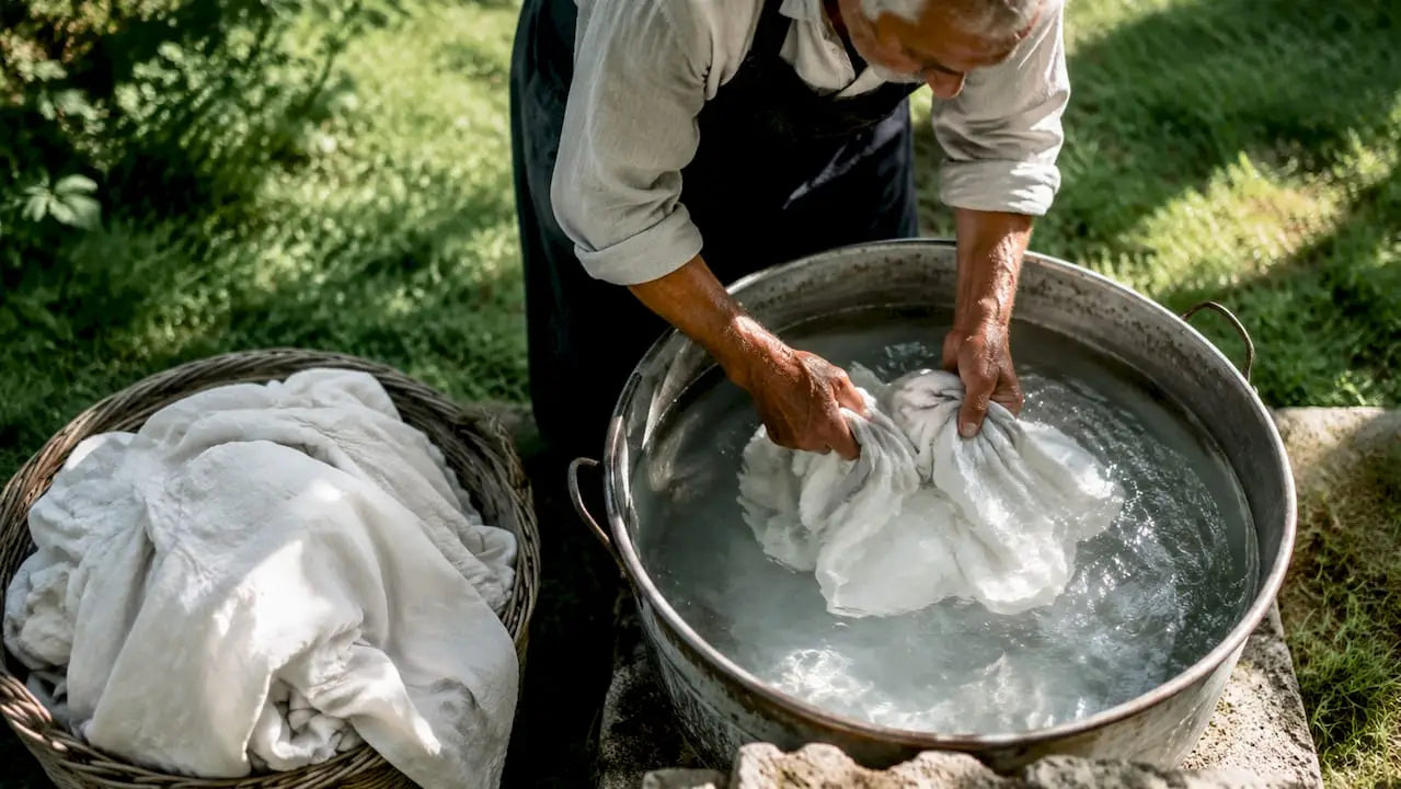 Les mains d’un artisan plongées dans un bassin, lavant le linge selon des méthodes traditionnelles pour lui redonner toute sa blancheur.