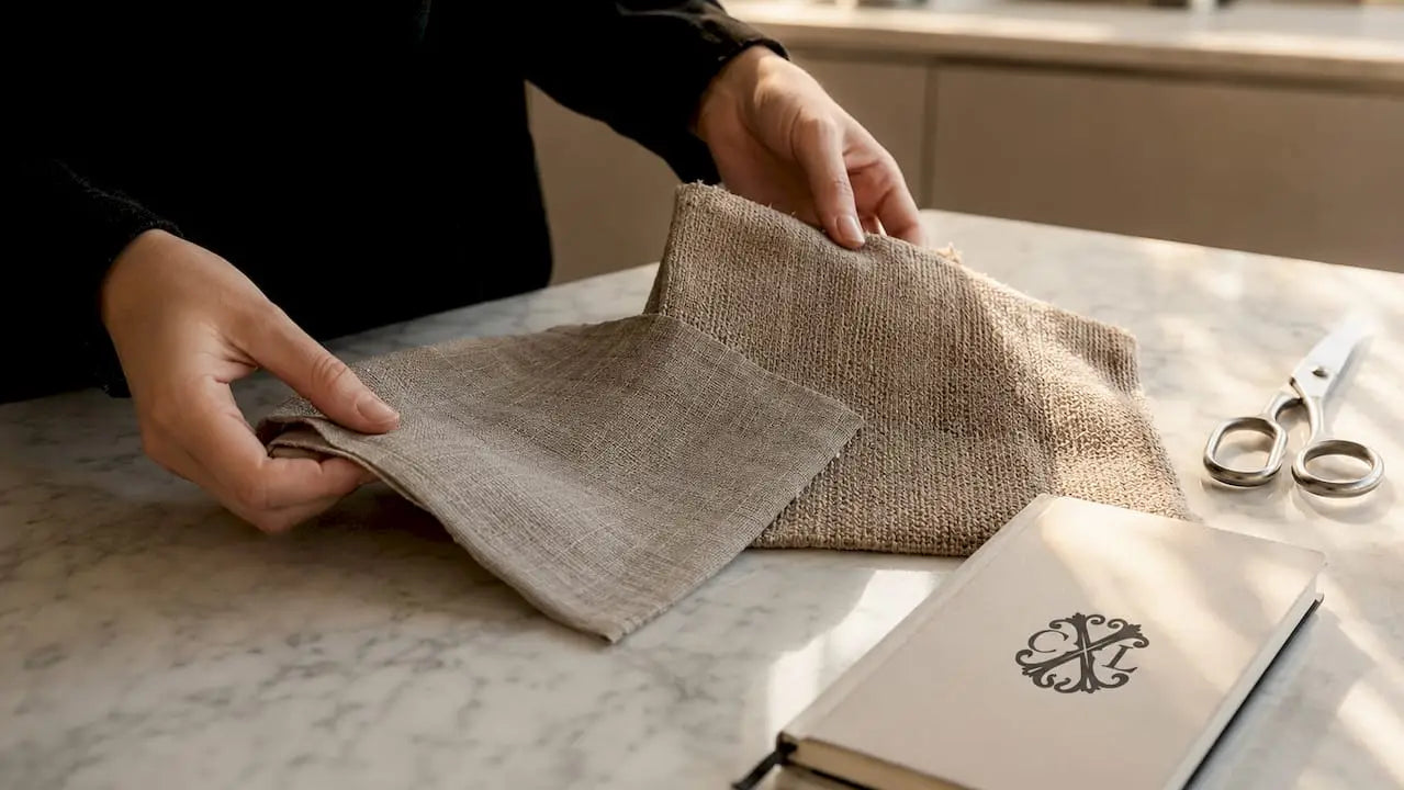 Des mains examinent et comparent différents échantillons de tissus pour le linge de lit.