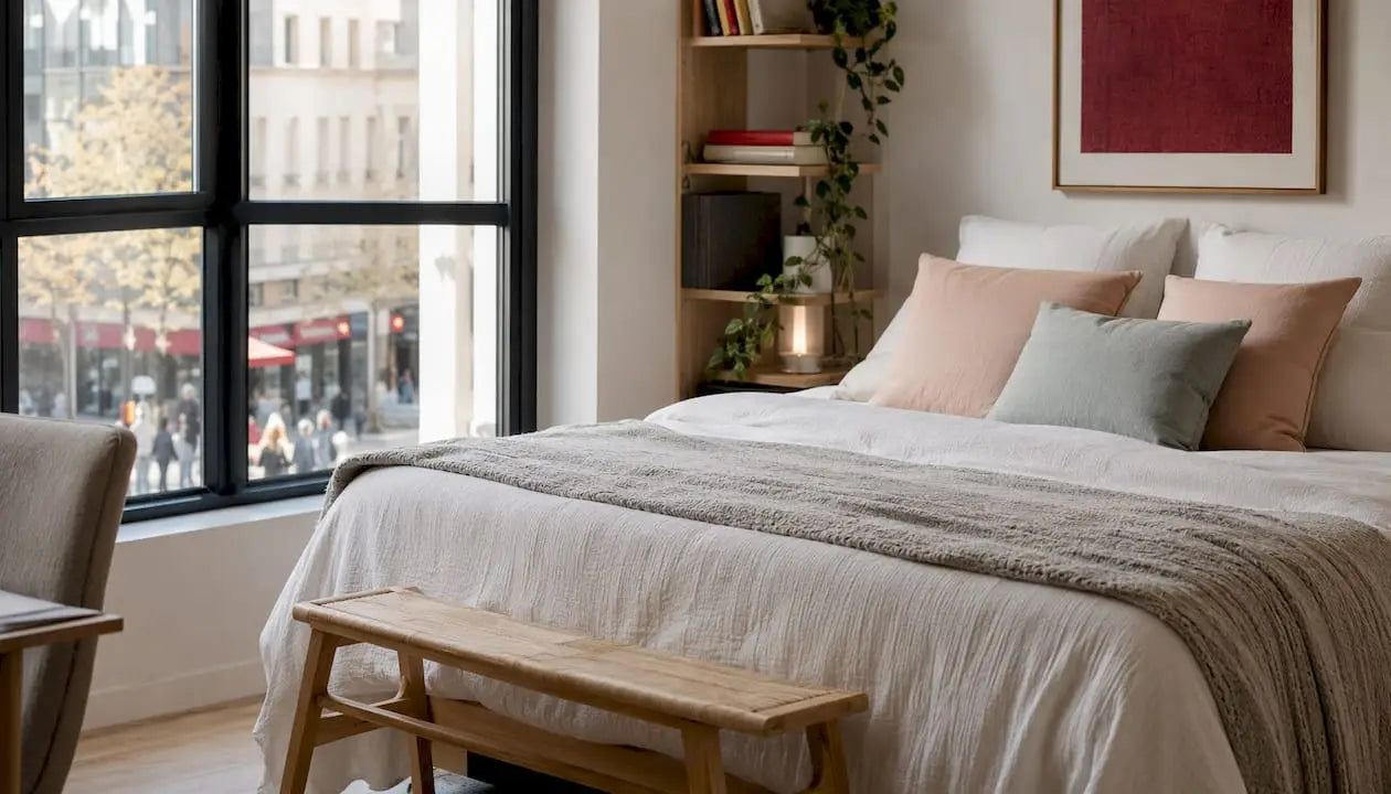 Espace nuit cosy, habillé de linge immaculé et agrémenté d’éléments déco inspirés de la nature.