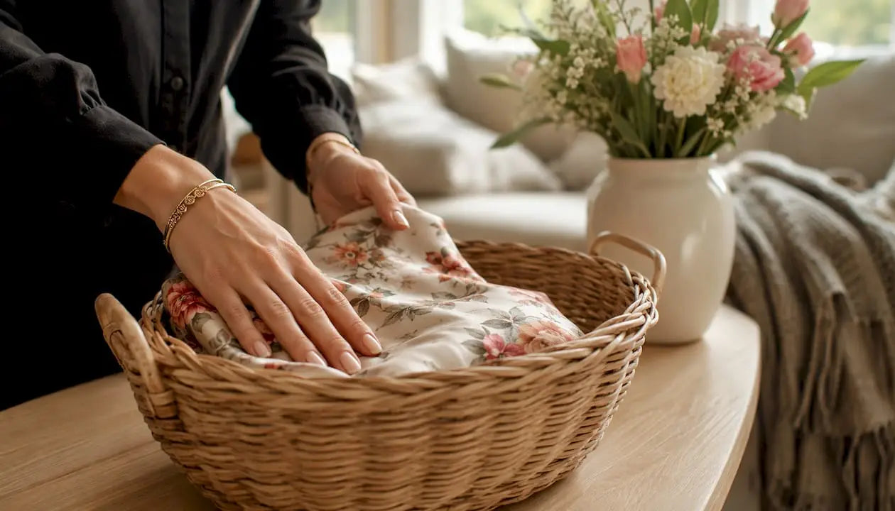 Des mains glissent délicatement du linge fragile dans un filet de lavage.
