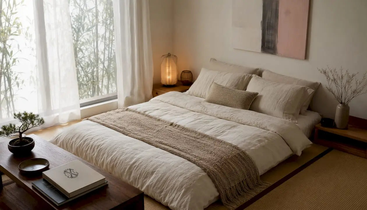 Une chambre élégamment aménagée, avec une parure de lit en coton crème tout en douceur, pour une ambiance chaleureuse et naturelle.
