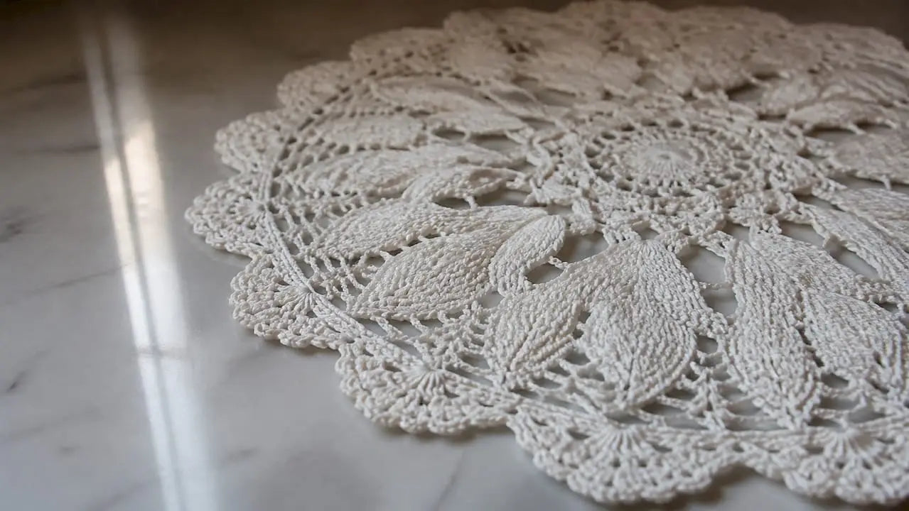 Gros plan sur un napperon en coton réalisé à la main au crochet