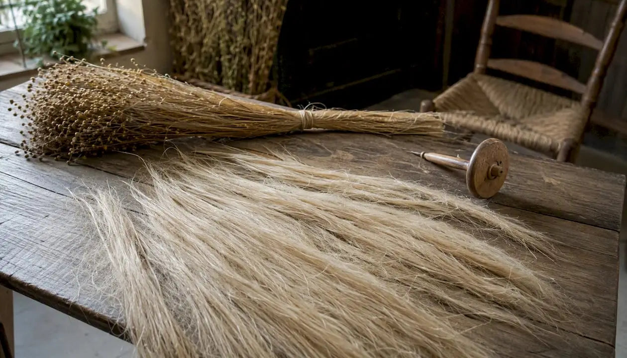 Fibres de lin filées à la main et tradition du métier à tisser en Normandie