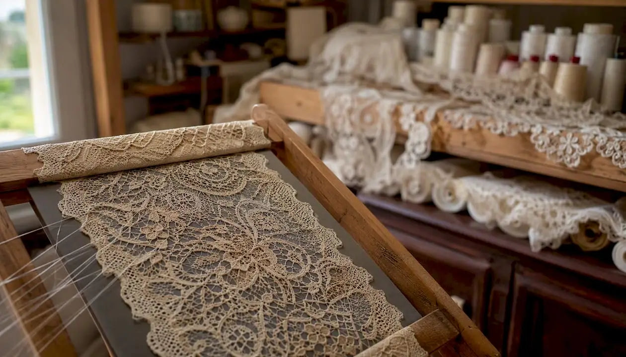 Dentelle française traditionnelle tendue sur un métier