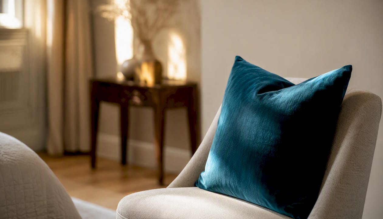 Un coussin en velours bleu posé sur une chaise beige.