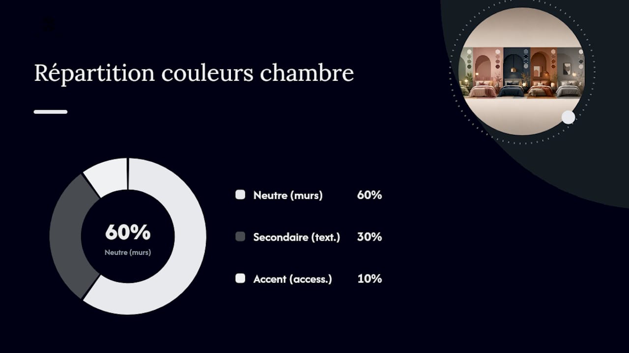 Schéma illustrant la règle des couleurs 60-30-10, accompagné d’exemples de palettes tendance prévues pour 2026