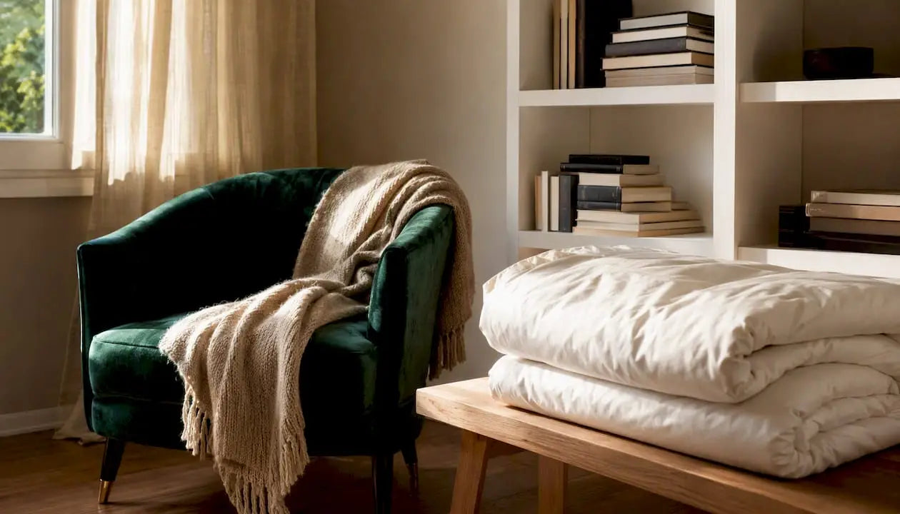 Dans la chambre, on joue sur l’accumulation de textiles en coton satin et en laine, superposés avec élégance pour créer une ambiance chaleureuse et raffinée.