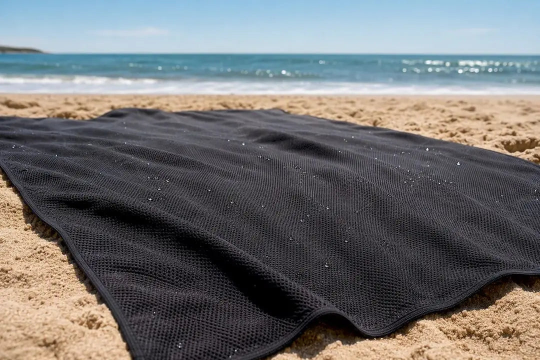 Serviette de plage légère en train de sécher sur le sable