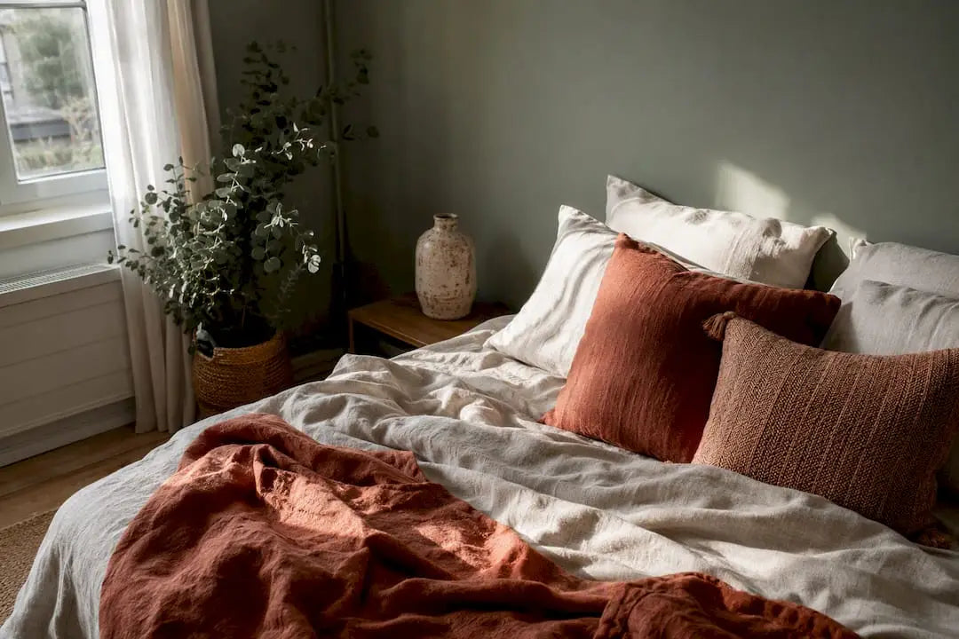 Ambiance de chambre aux tons vert sauge et terracotta doux