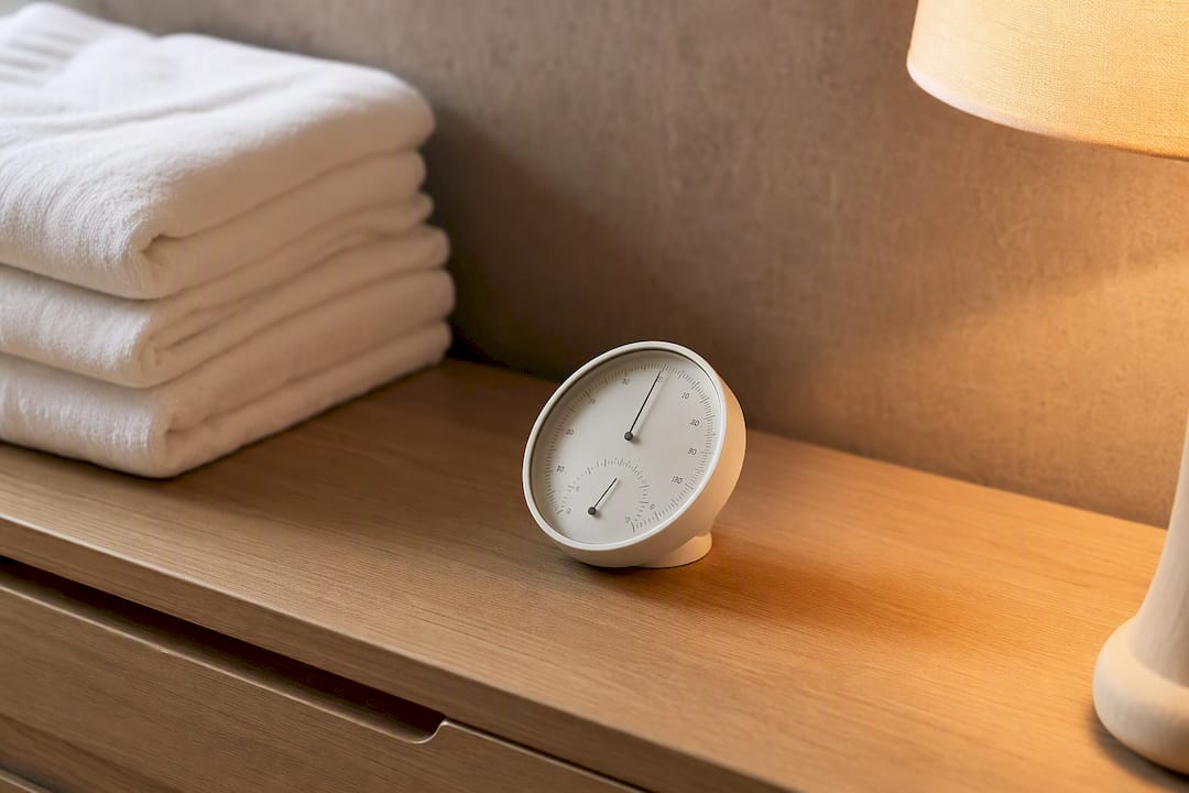 Thermo-hygromètre posé sur une table de nuit raffinée