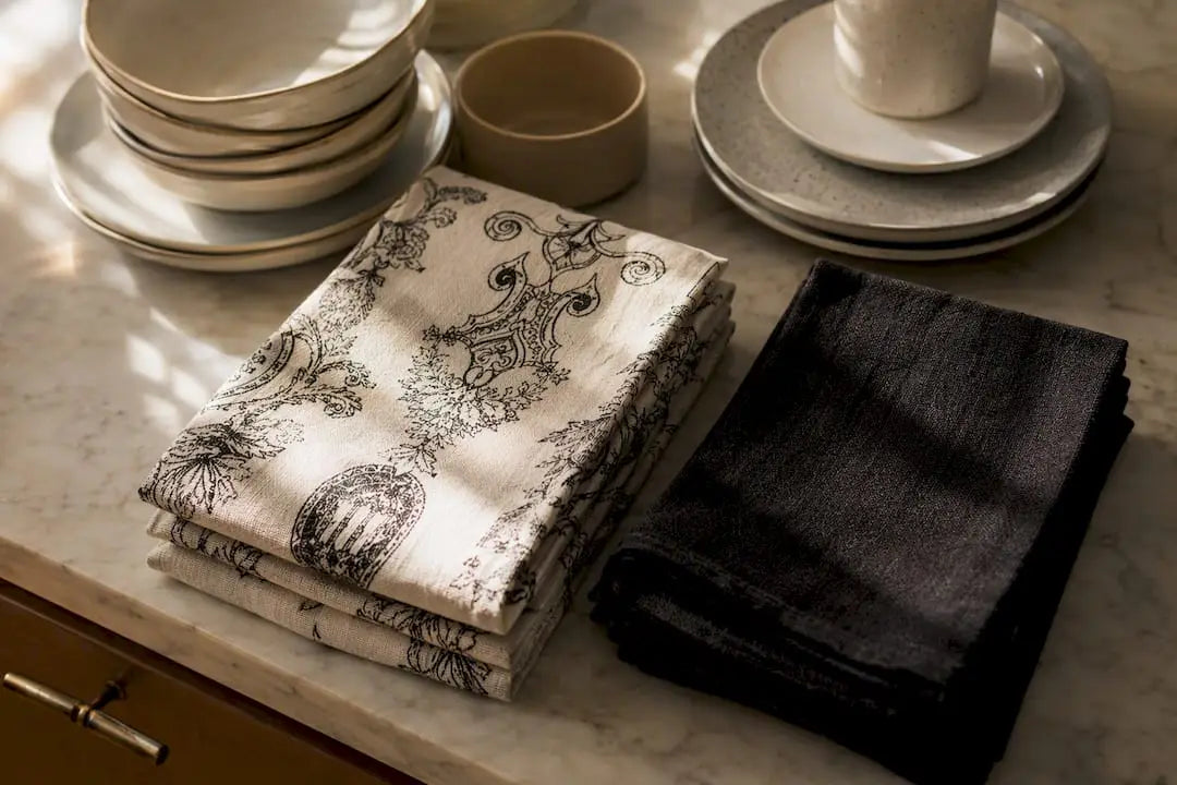 Torchons de cuisine en coton jacquard et uni côte à côte