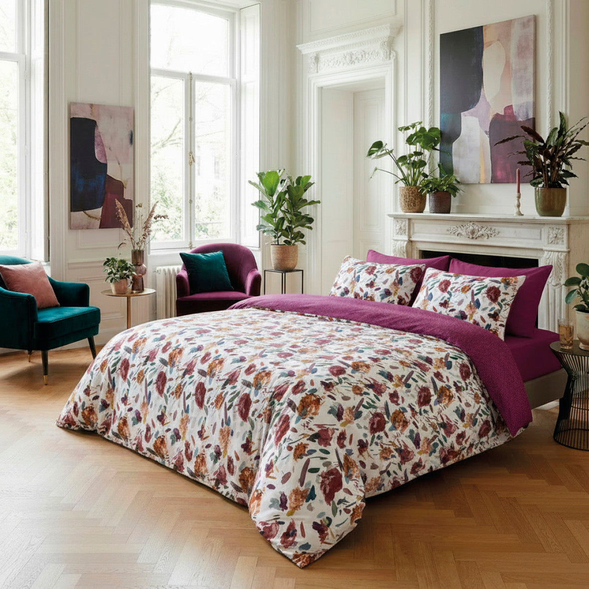 Couvre-lit satin de coton Arty flowers Blanc - 220 x 250 cm