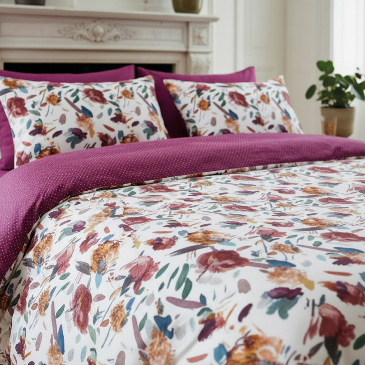 Drap plat satin de coton - Arty flowers Blanc - 240 x 300 cm