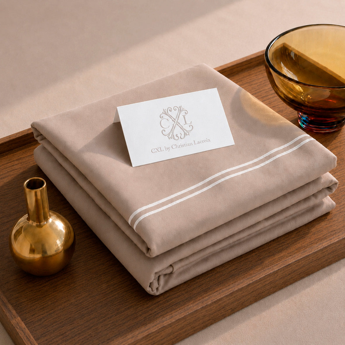 Drap plat satin de coton - Nîmes Blanc / Taupe - CXL by Christian Lacroix Maison