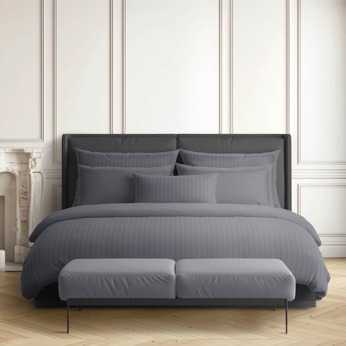 Drap plat satin de coton rayure tissé dobby - Gris foncé
