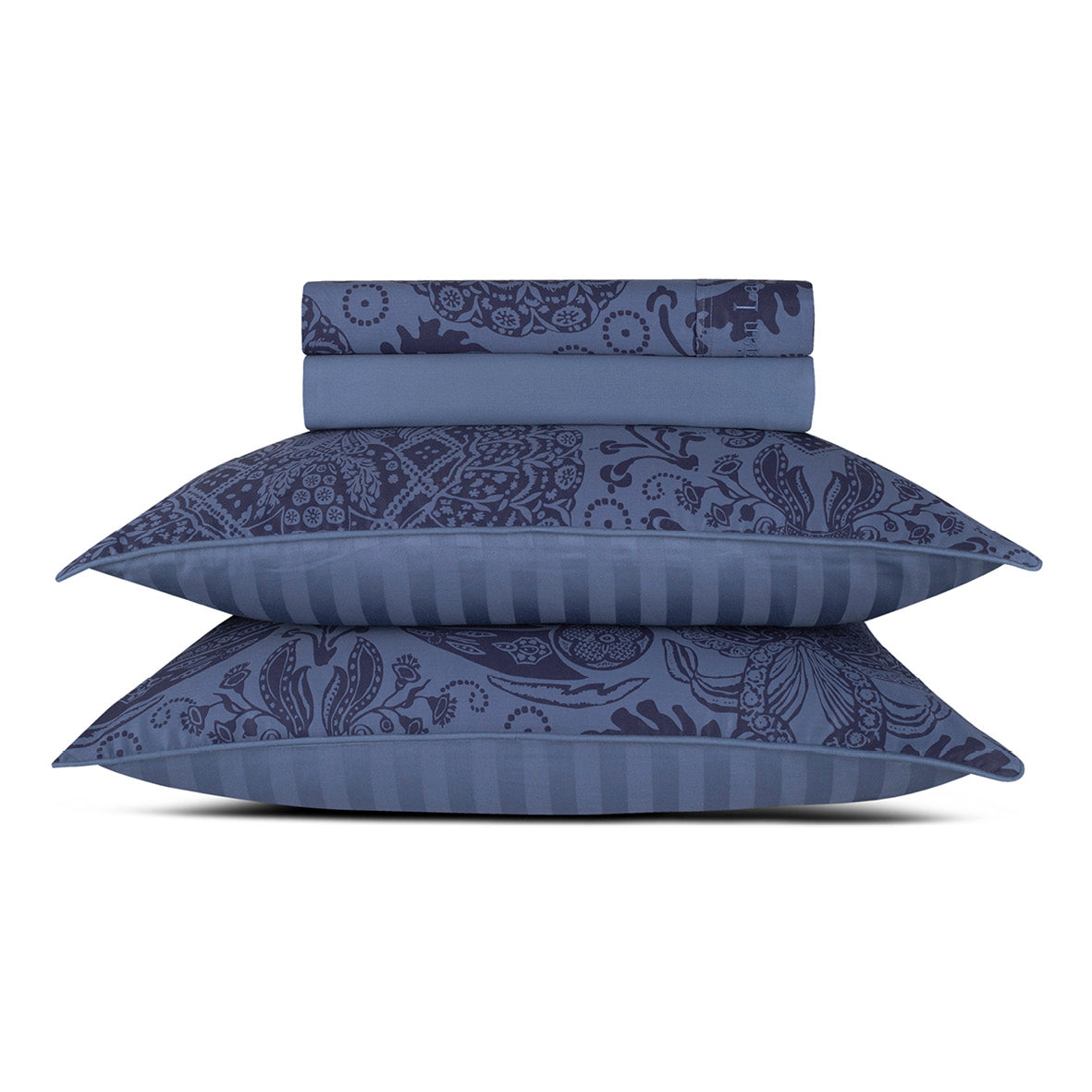 Ensemble de draps: drap-housse drap plat taie(s) d’oreiller en satin de coton - dessin Arles bleu