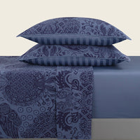 Ensemble de draps: drap-housse drap plat taie(s) d’oreiller en satin de coton - dessin Arles bleu