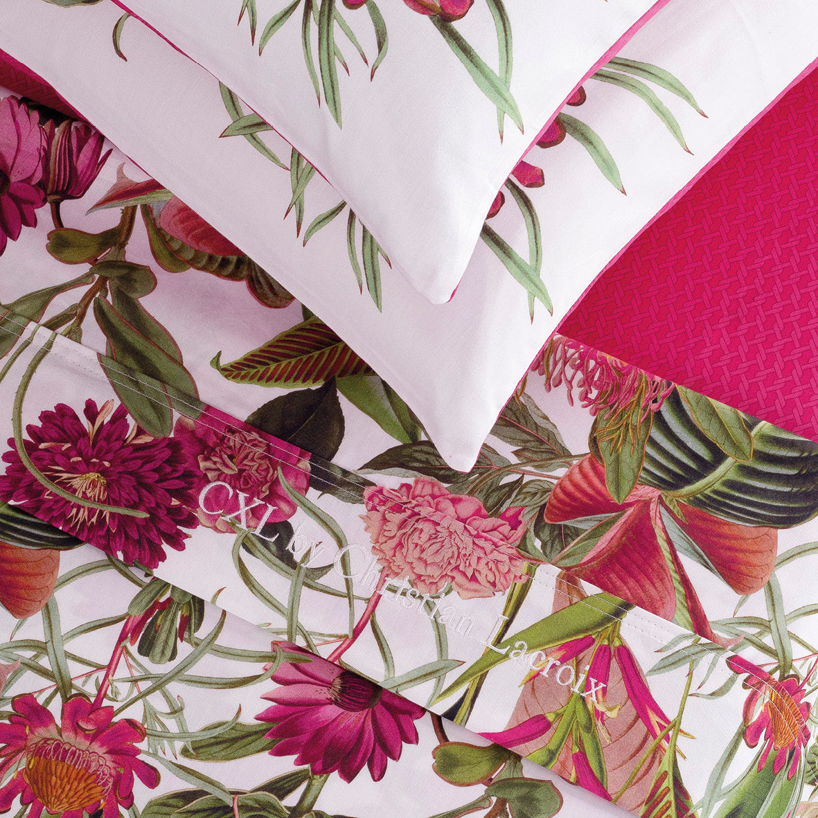 Ensemble de draps : drap-housse, drap plat, taie(s) d'oreiller en satin de coton - dessin Garden Fuchsia - CXL by Christian Lacroix Maison