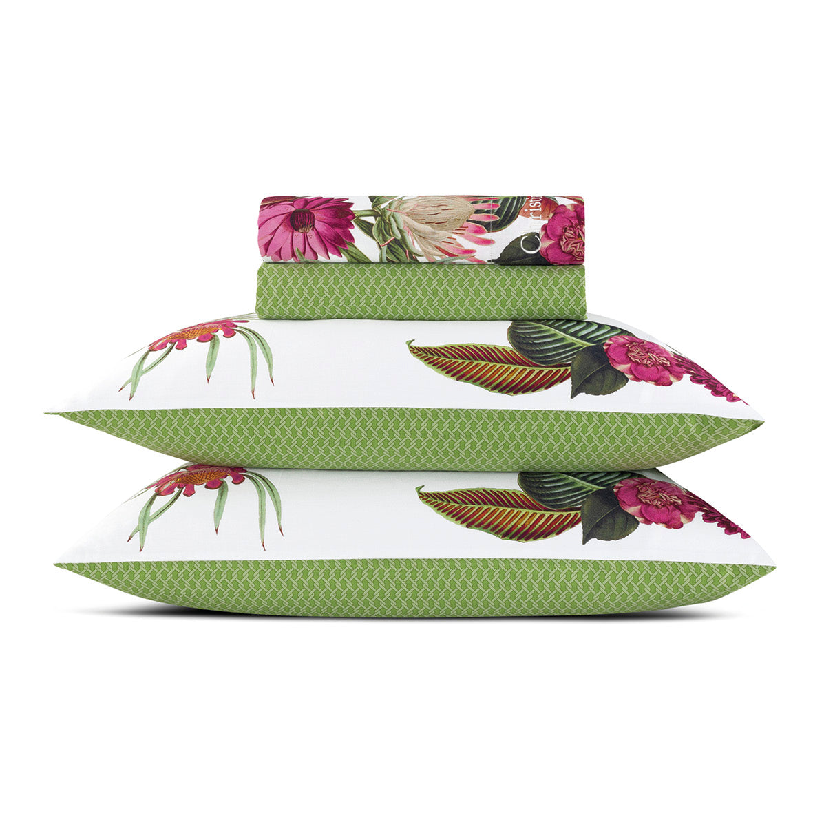 Ensemble de draps : drap-housse, drap plat, taie(s) d'oreiller en satin de coton - dessin Garden Vert - Drap plat : 210 x 270 cm / Drap-housse : 135 x 190/200 x 30 cm - CXL by Christian Lacroix Maison