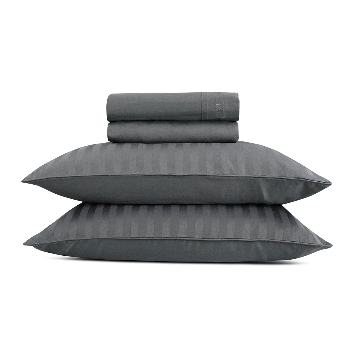 Ensemble de draps : drap-housse, drap plat, taie(s) d'oreiller en satin de coton - tissé Jacquard - dessin Rayure Gris foncé - CXL by Christian Lacroix Maison