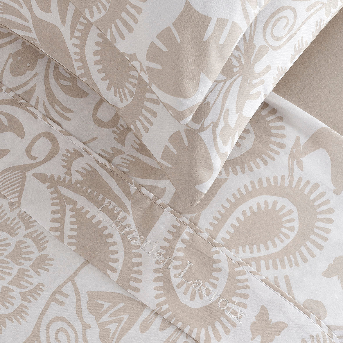 Ensemble de draps : drap-housse, drap plat, taie(s) d'oreiller en satin de coton - dessin Love Stories Taupe - CXL by Christian Lacroix Maison