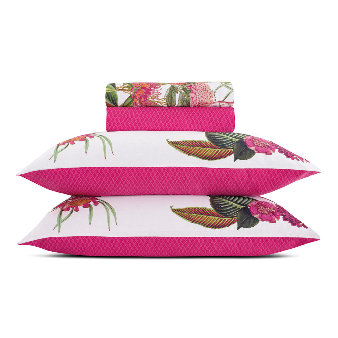 Ensemble de draps : drap-housse, drap plat, taie(s) d'oreiller en satin de coton - dessin Garden Fuchsia - CXL by Christian Lacroix Maison