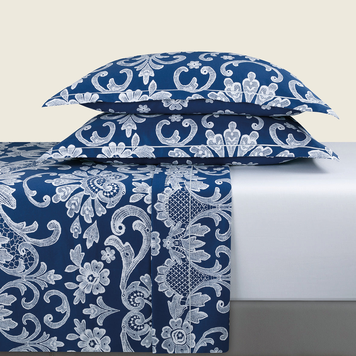 Ensemble de draps satin de coton - Passementerie bleu