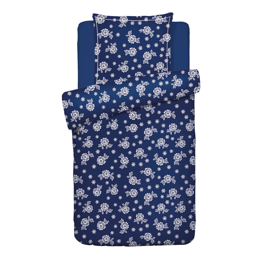Housse de couette + taie d'oreiller satin de coton - Blossom Bleu foncé