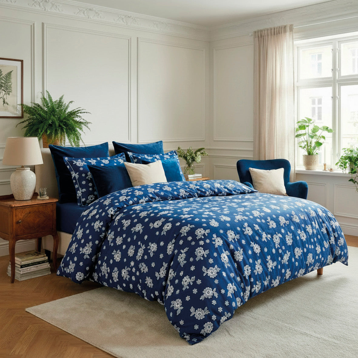 Housse de couette + taie d’oreiller satin de coton - Blossom Bleu foncé