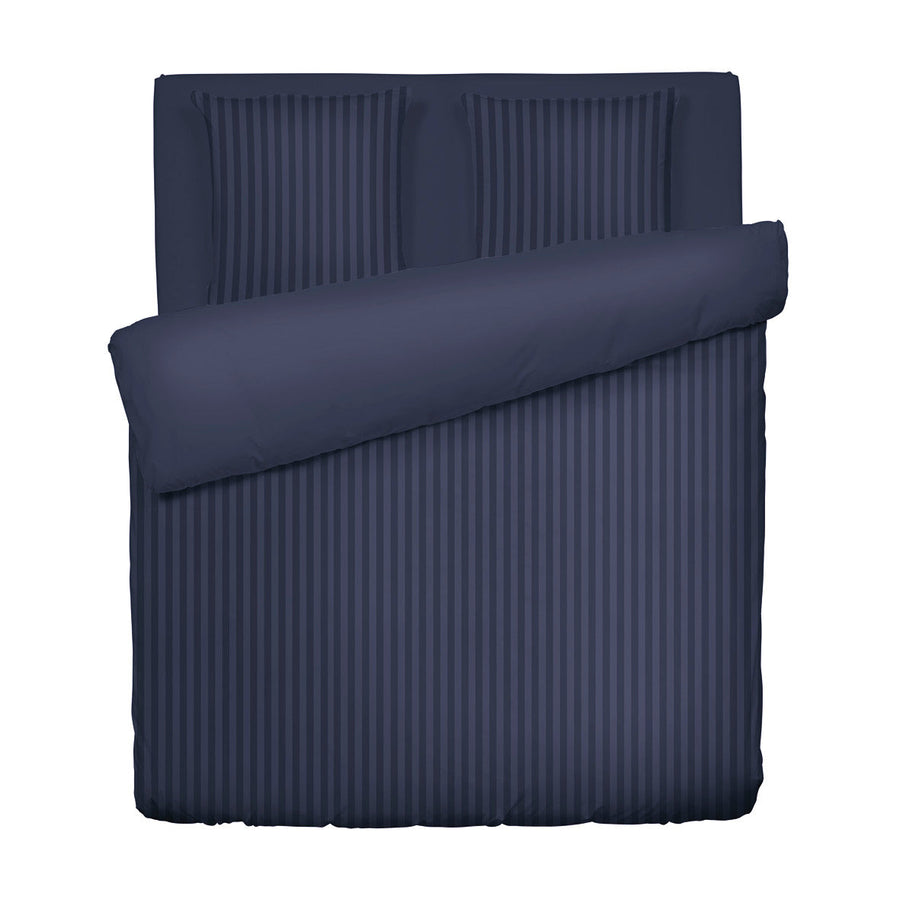 Housse de couette + taie(s) d'oreiller en satin de coton - Bleu foncé rayé